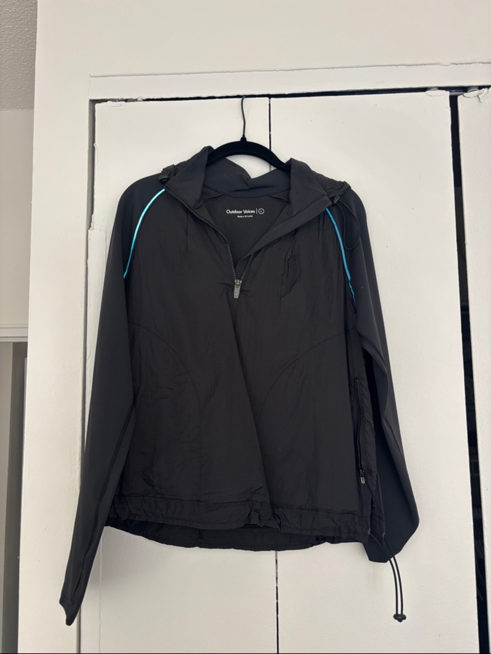 Outdoor Voices Black Hooded Active Shell with Teal Piping